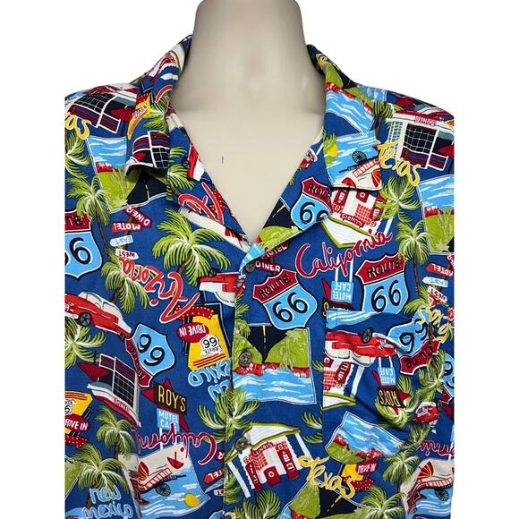 Hawaiian Retro Route 66 All Over Print Blue Vintage Button Up Shirt 3XL Pocket - Picture 4 of 9